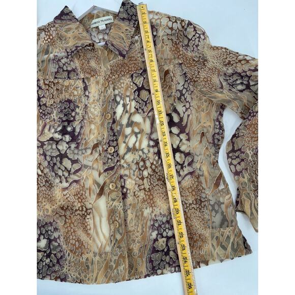 Bamboo Traders Button Up Shirt Womens Large Gold Brown Sheer Flax Animal Print - Picture 15 of 16